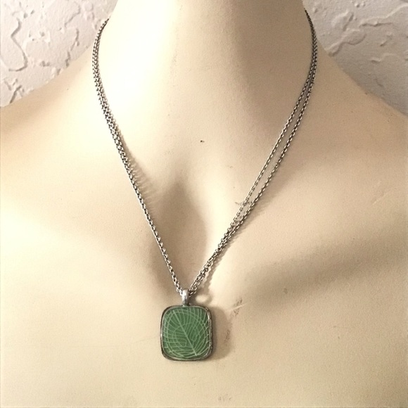Baked Beads Green Enamel Leaf Pendant Necklace - Picture 2 of 7